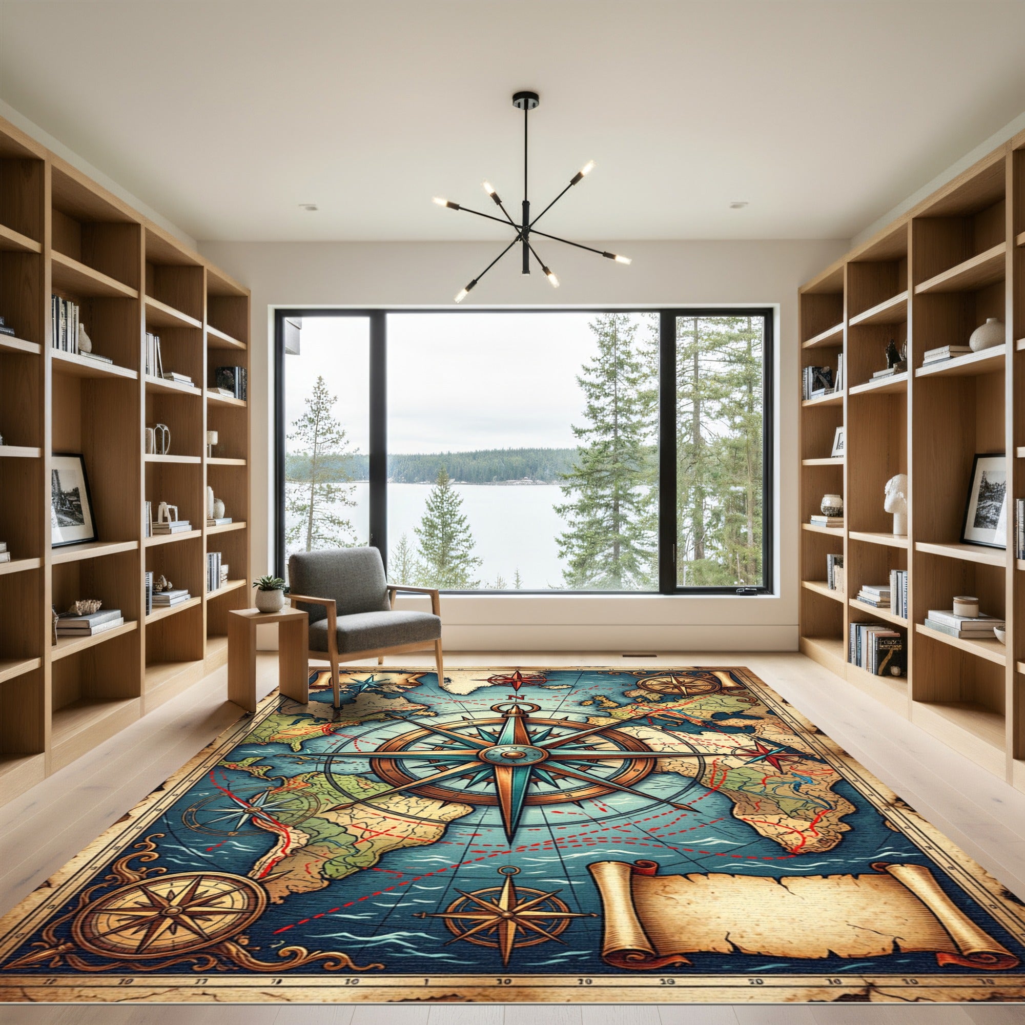 Vintage Nautical World Map Compass Art Rug