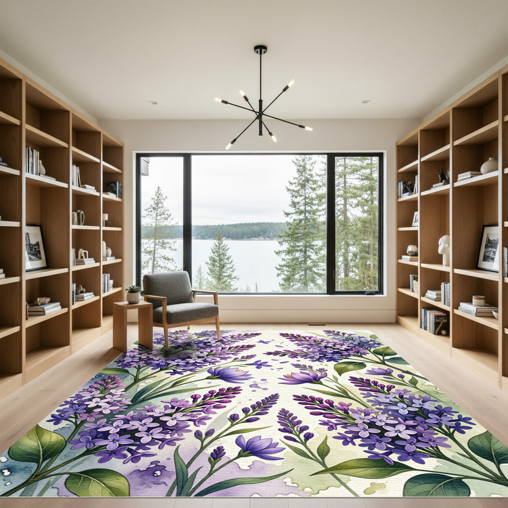 Watercolor Lilac Floral Botanical Garden Rug