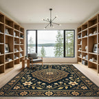 Elegant Golden Floral Medallion Black Rug