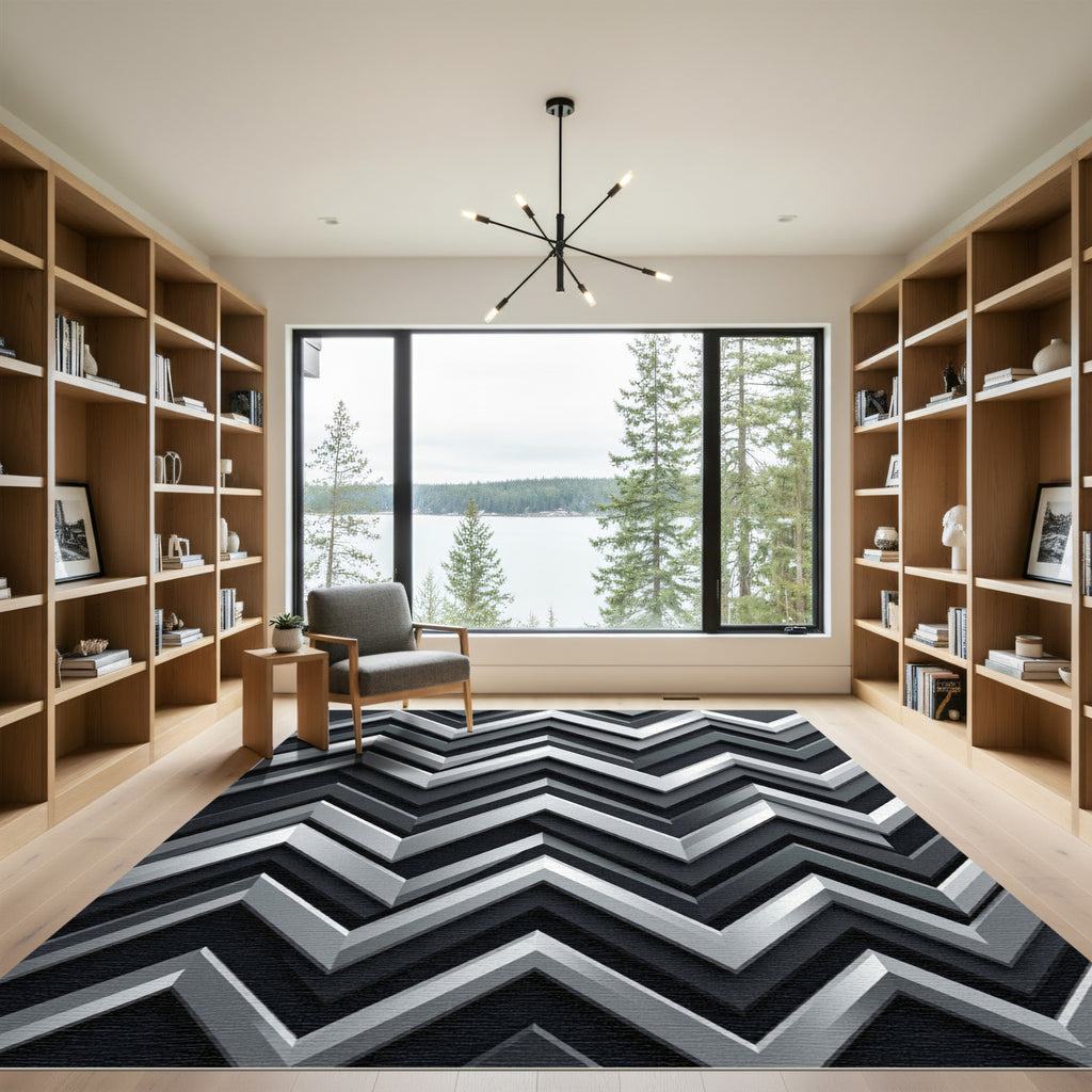 Modern Silver Chevron Zigzag Art Rug