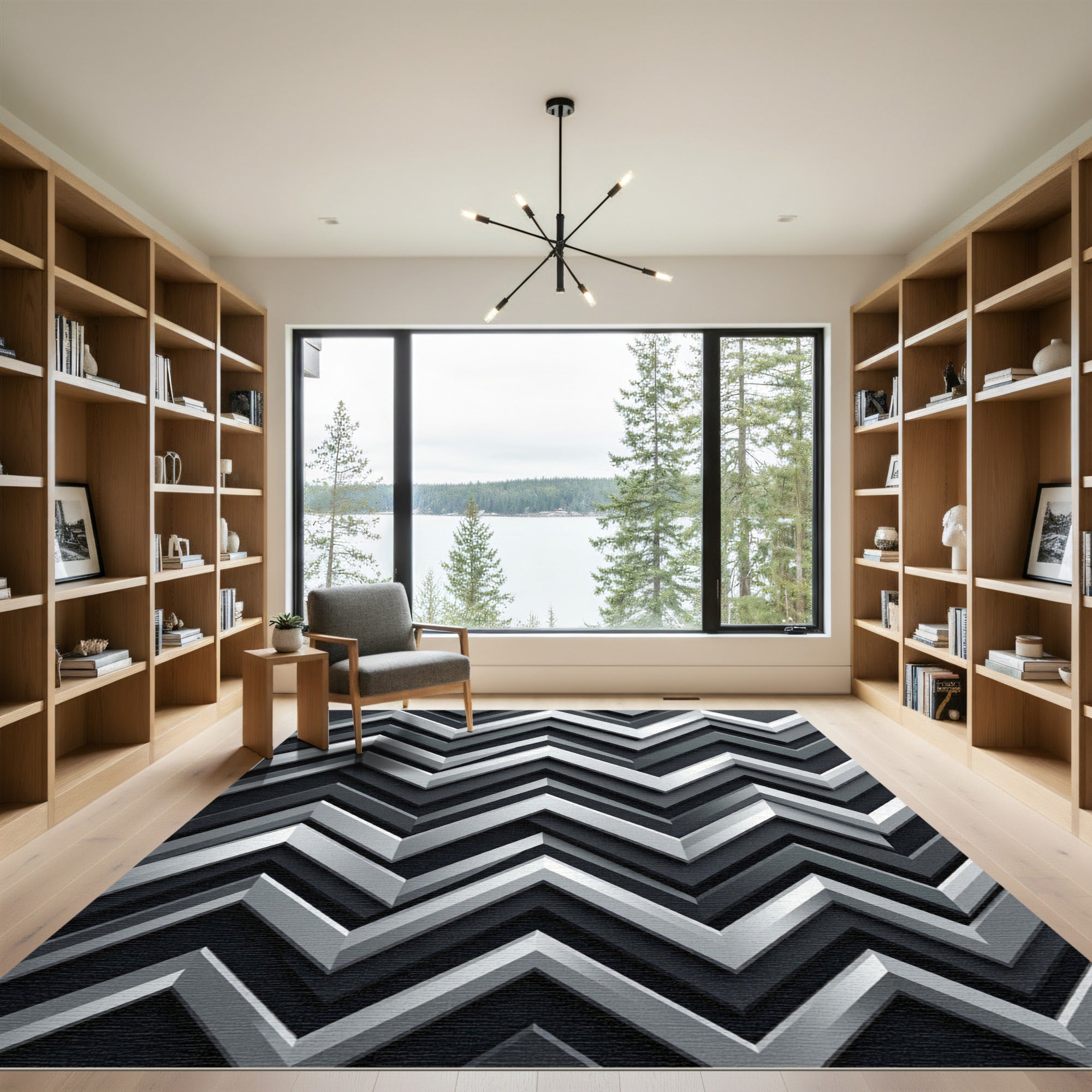 Modern Silver Chevron Zigzag Art Rug