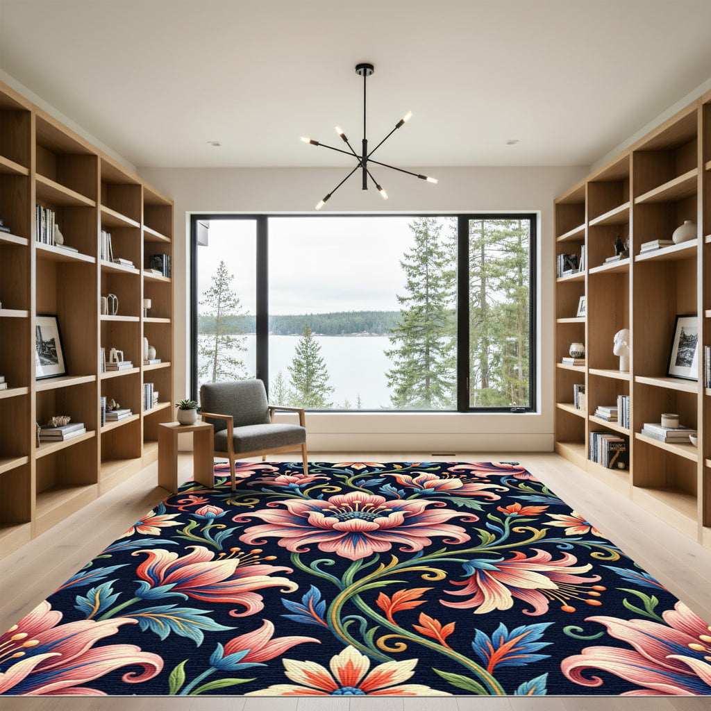 Vibrant Pink Floral Flourish Dark Backdrop Rug