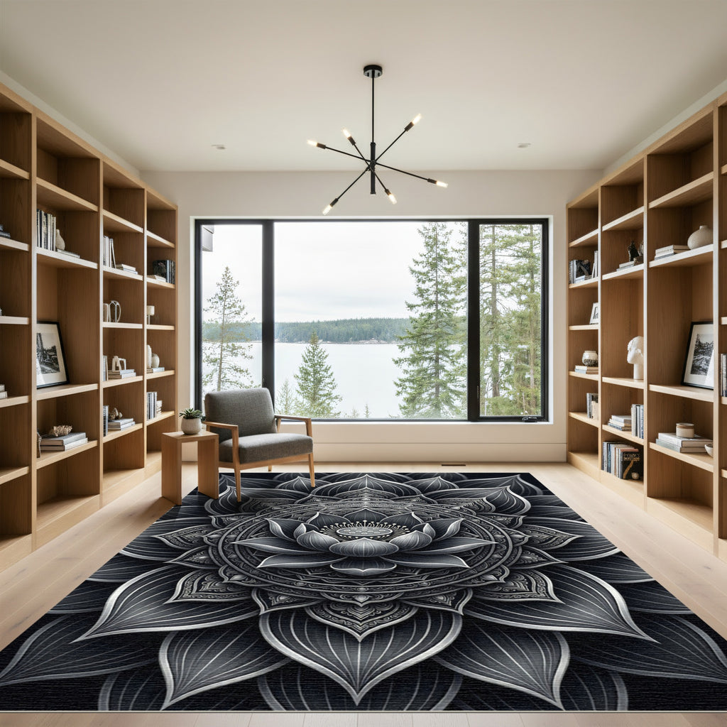 Monochrome Lotus Mandala Symmetry Rug