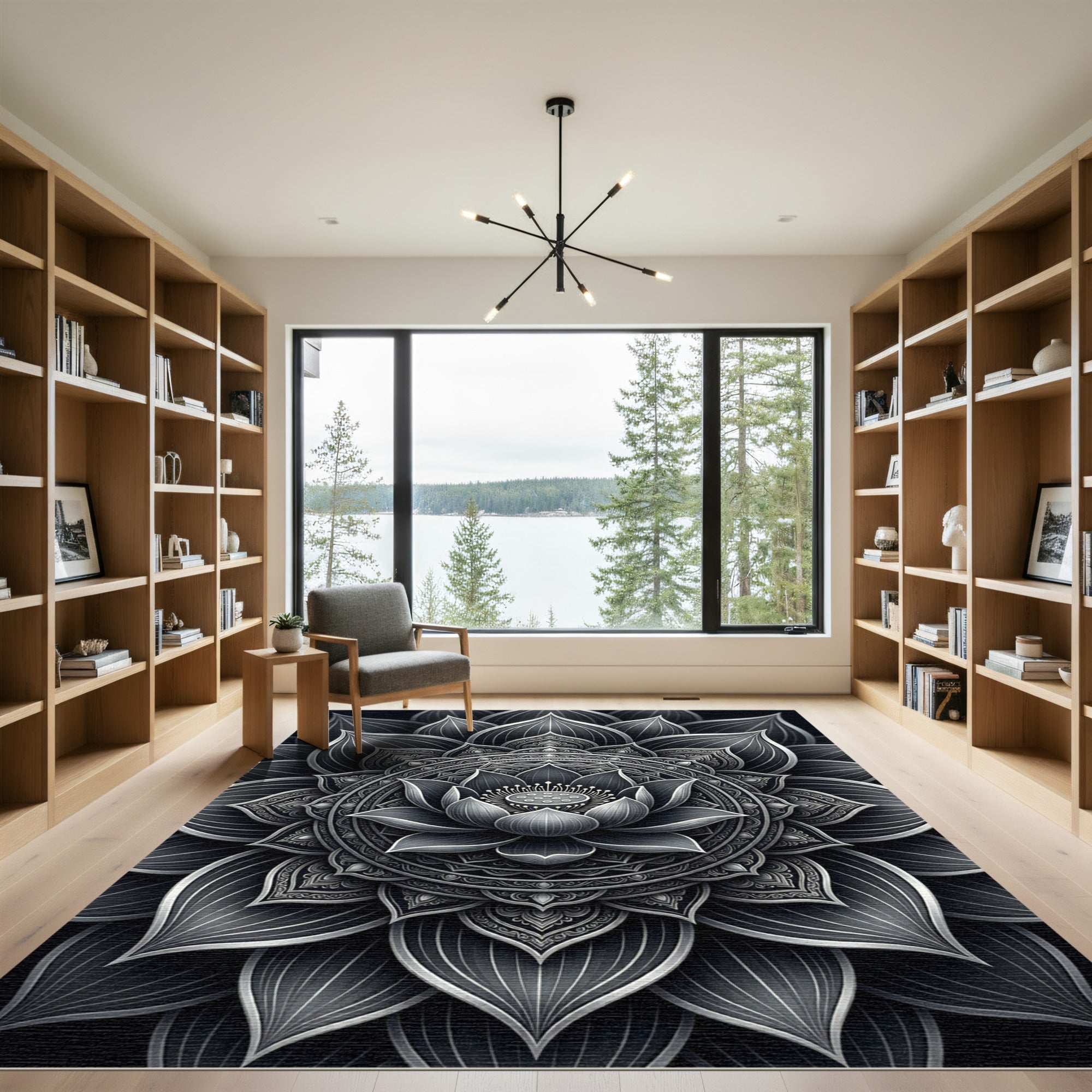Monochrome Lotus Mandala Symmetry Rug