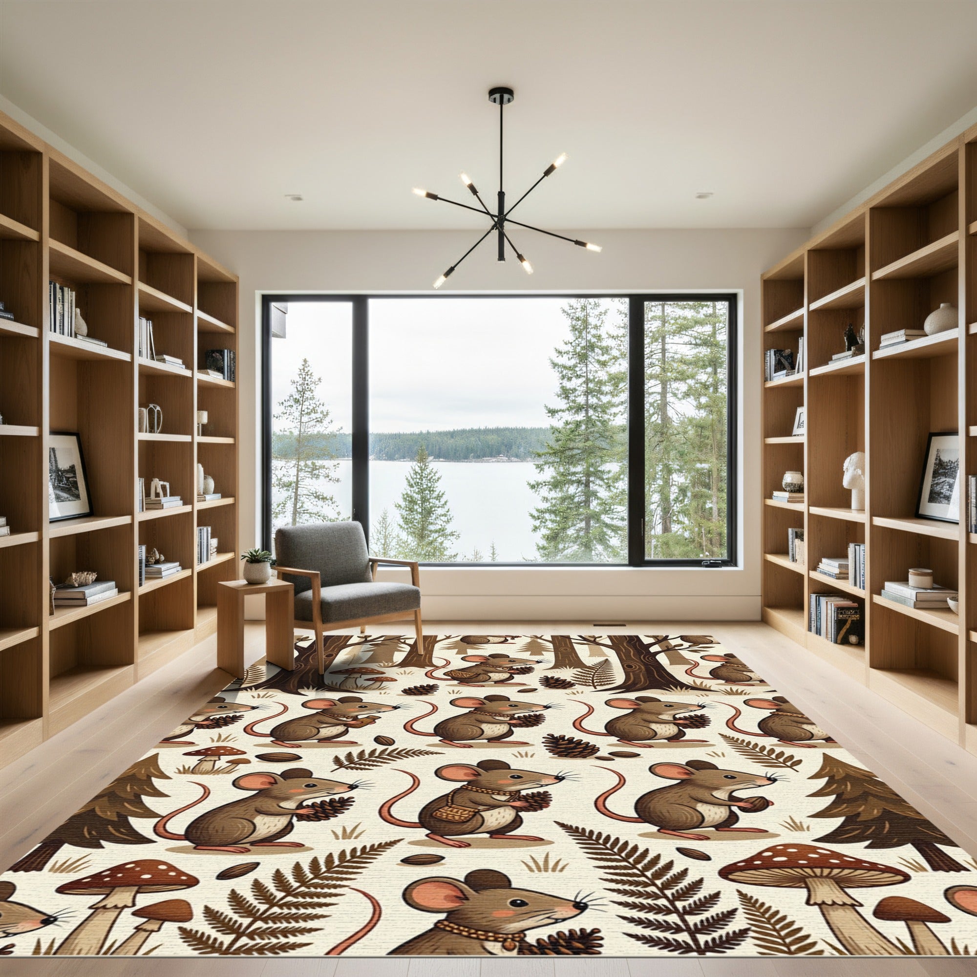 Whimsical Woodland Mouse and Pinecone Illustration Rug