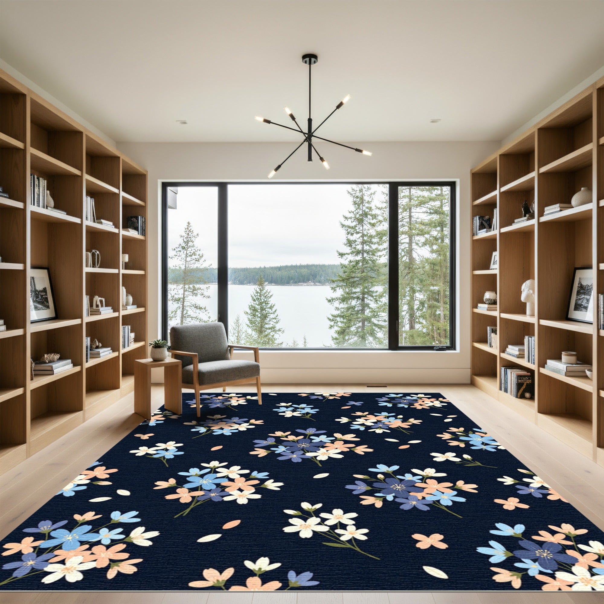Navy Blue Floral Blossom Cluster Rug