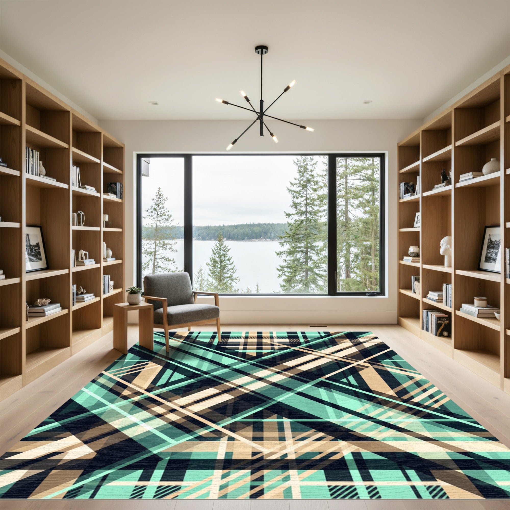 Modern Mint and Beige Plaid Crosshair Rug