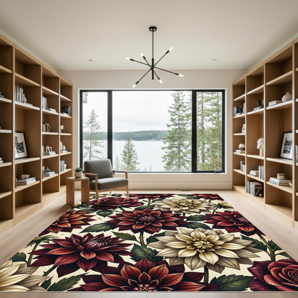 Deep Red Floral Garden Medallion Rug