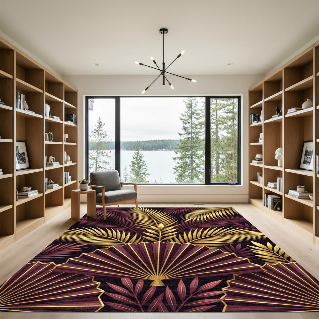 Crimson Gold Tropical Fan Leaf Rug