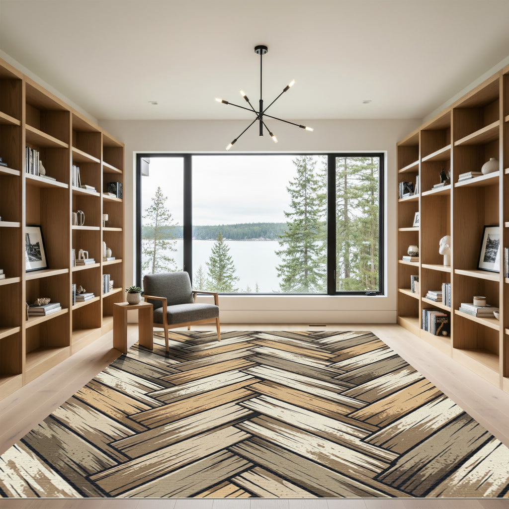 Neutral Herringbone Earth Tone Planks Rug
