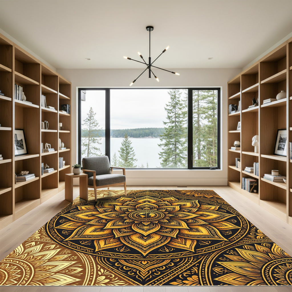 Golden Floral Mandala Earth Globe Rug
