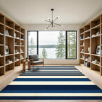 Minimalist Navy and Cream Horizontal Stripe Rug