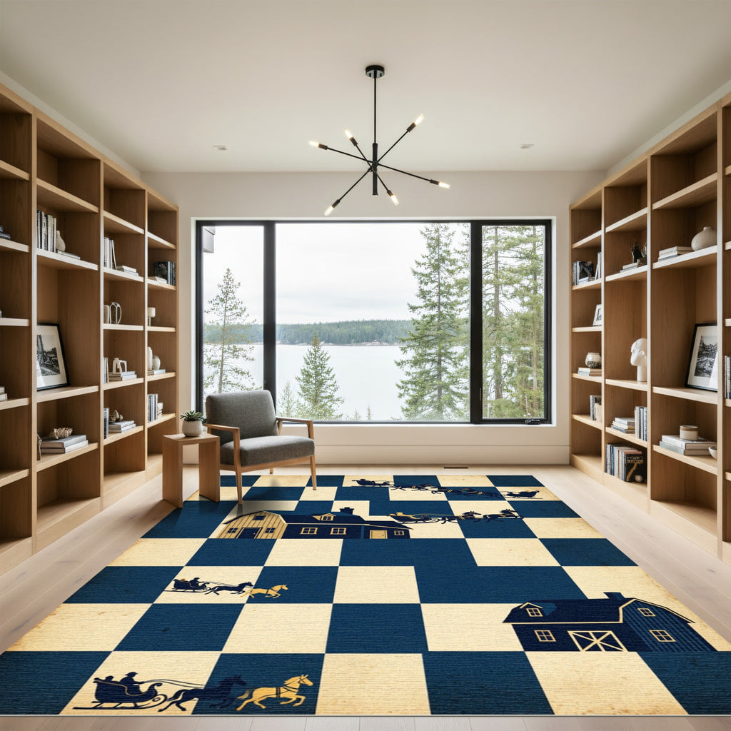 Navy Sleigh Cabin Checkerboard Folk Art Rug