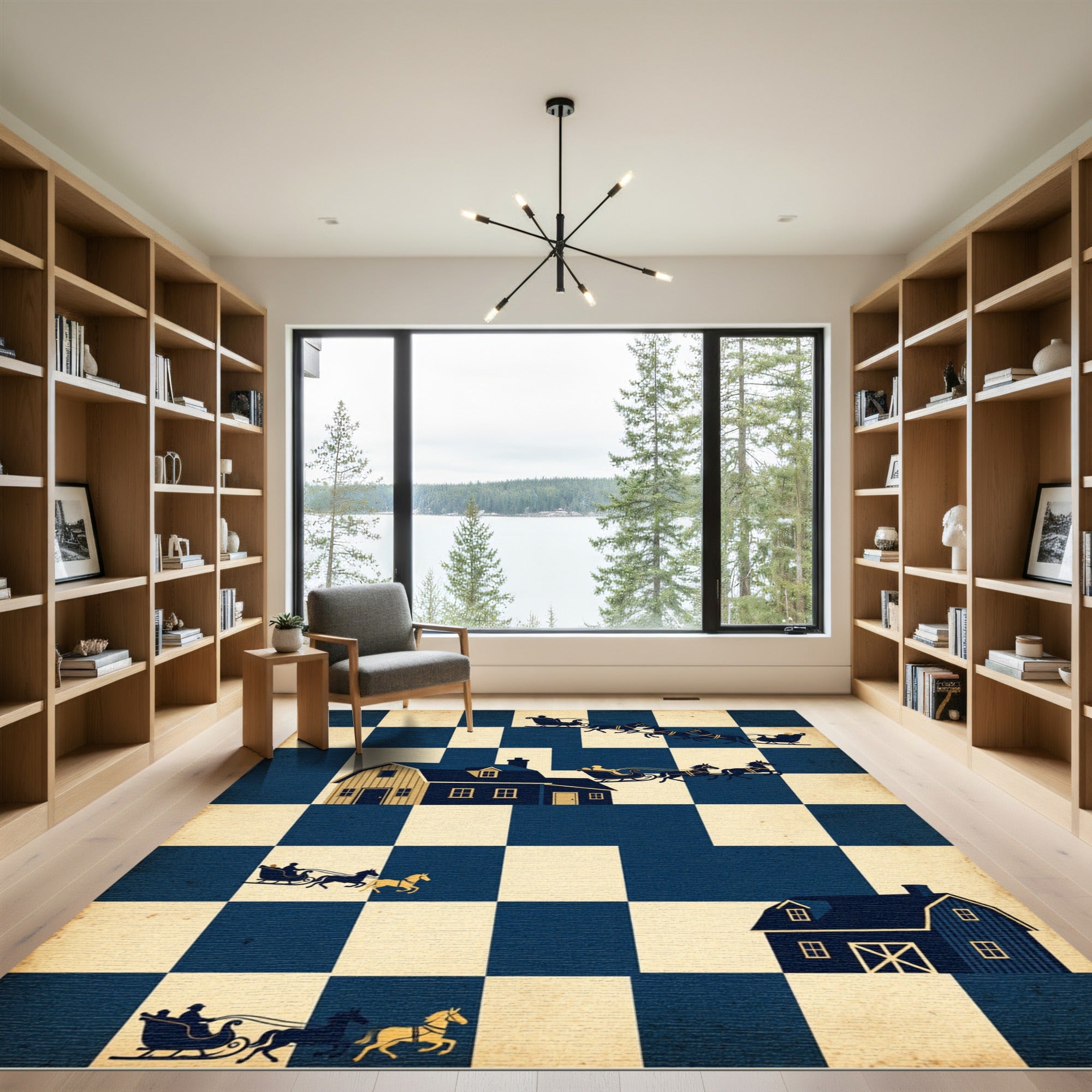 Navy Sleigh Cabin Checkerboard Folk Art Rug