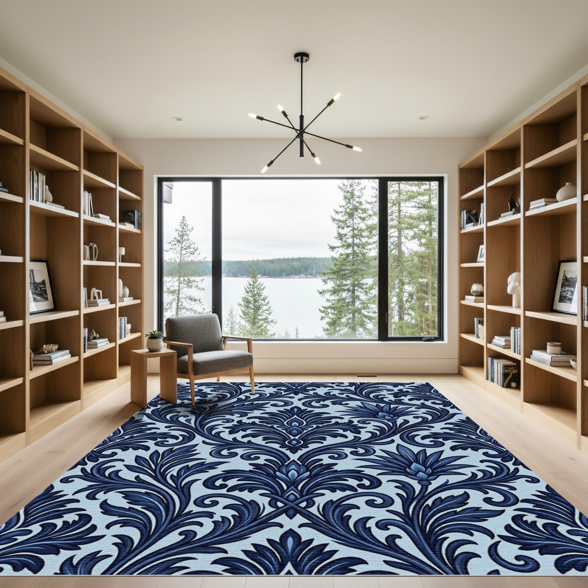 Deep Blue Floral Acanthus Scroll Rug