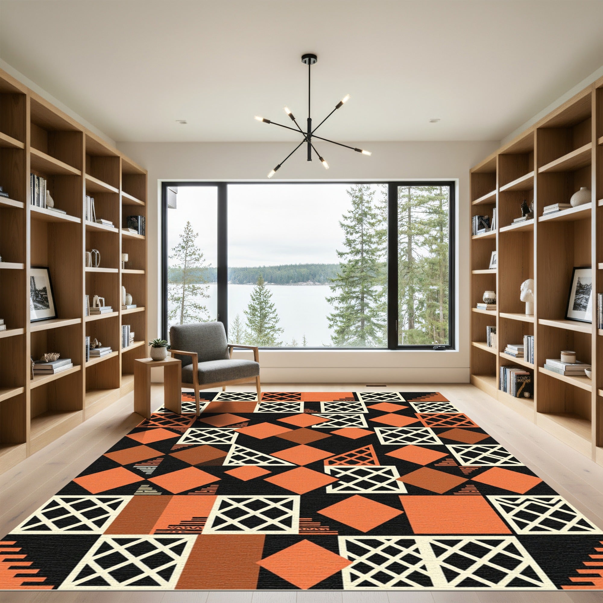 Geometric Terracotta And Onyx Grid Rug