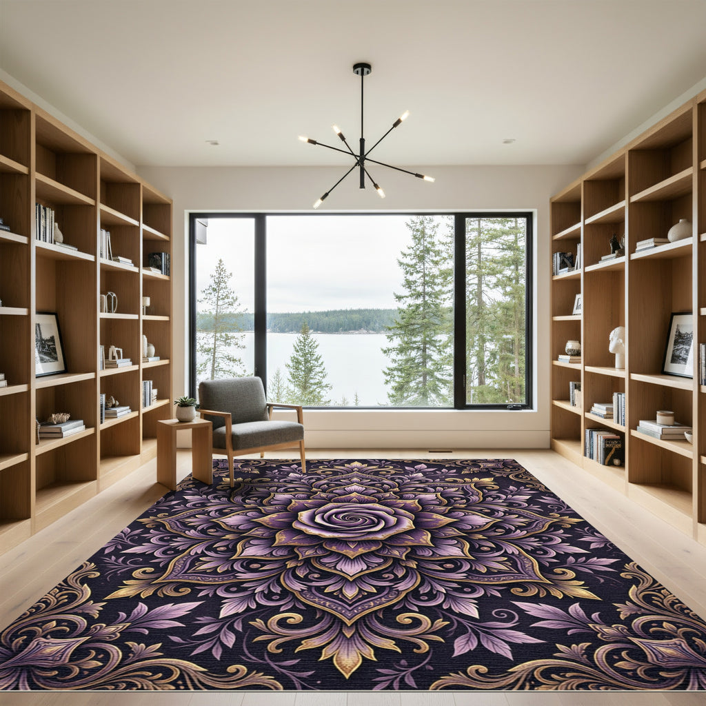 Floral Purple Rose Ornate Gold Mandala Rug