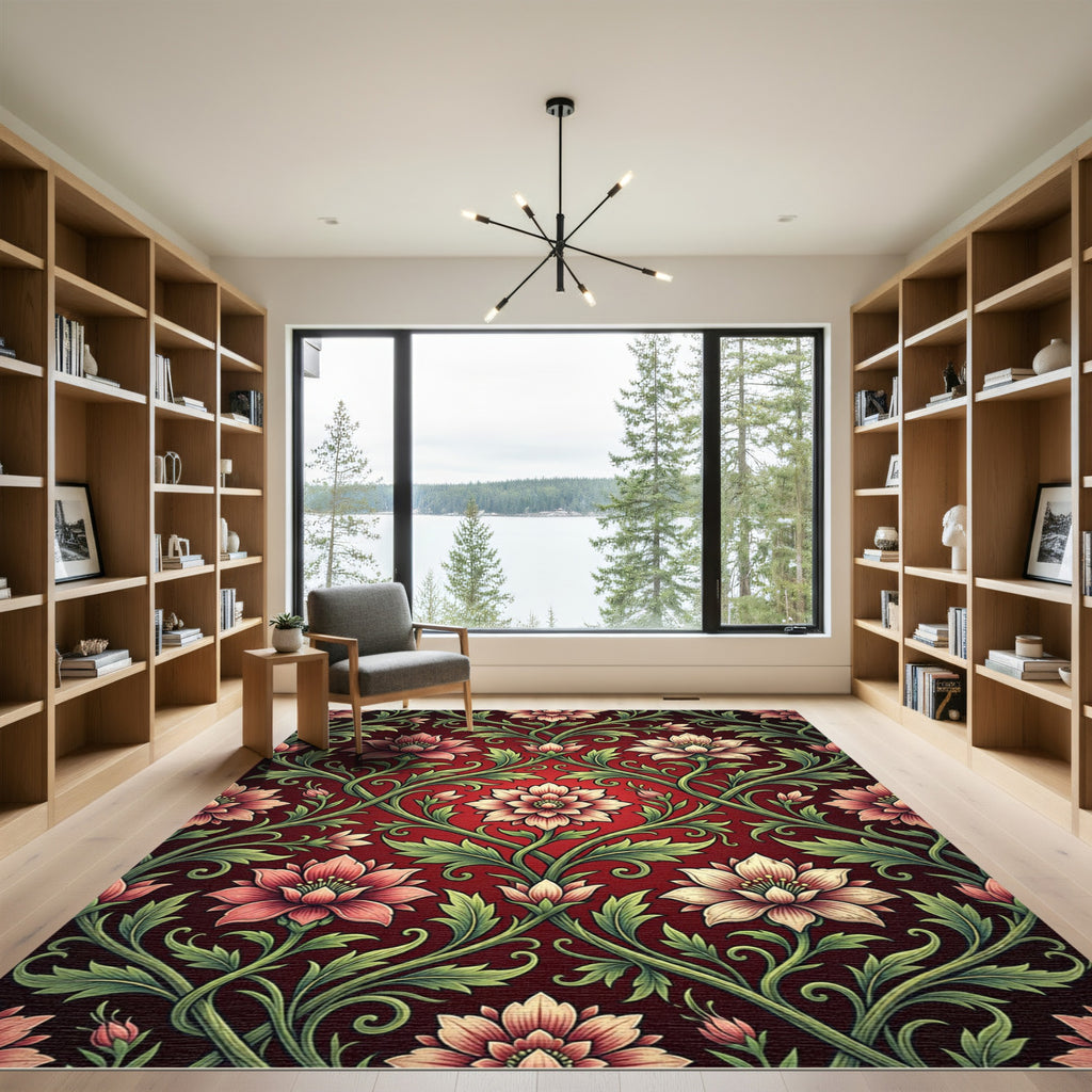Deep Crimson Floral Damask Botanical Rug
