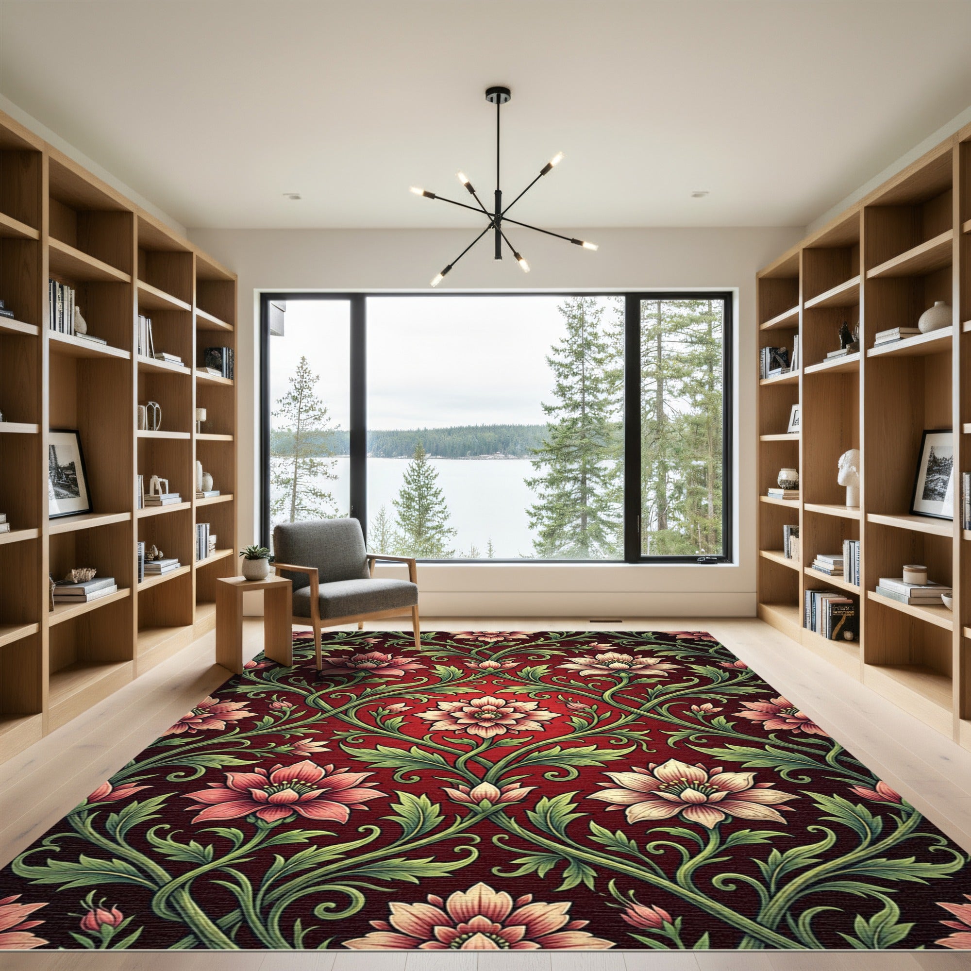 Deep Crimson Floral Damask Botanical Rug