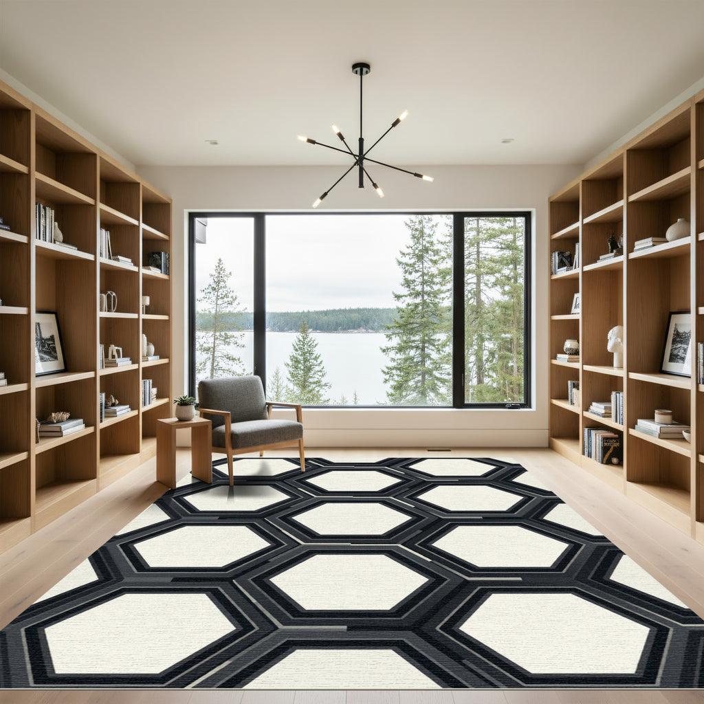 Monochrome Layered Hexagon Grid Rug