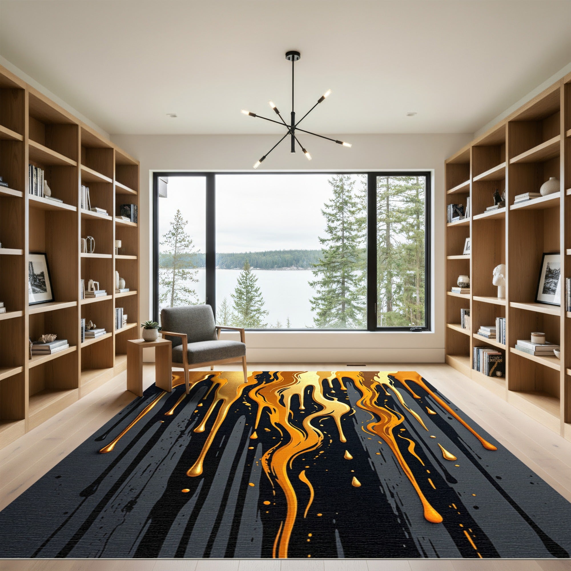 Liquid Gold Drip Abstract Charcoal Rug