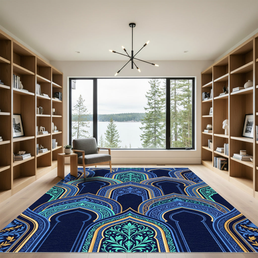 Blue Gold Archways Intricate Floral Rug