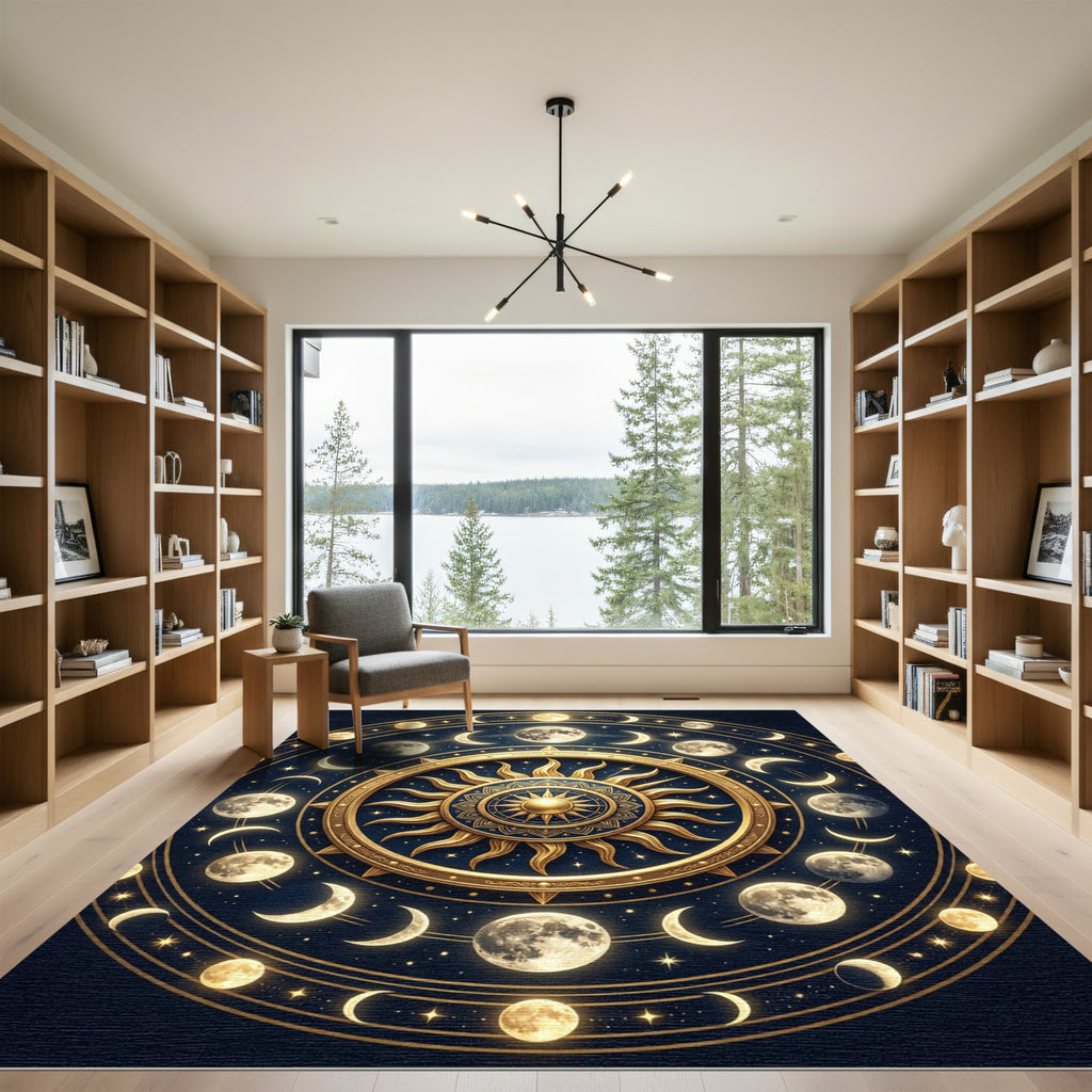 Celestial Gold and Navy Moon Phase Rug