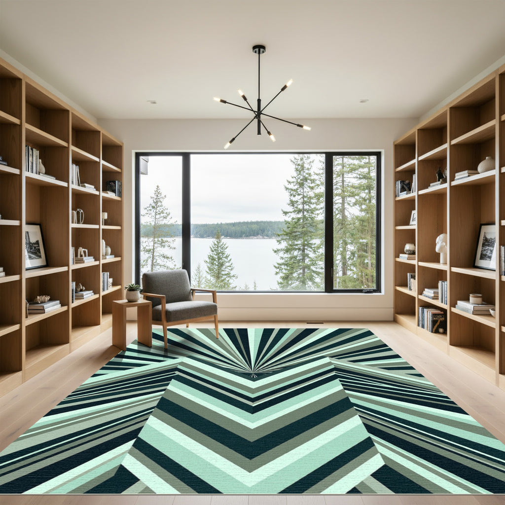 Futuristic Geometric Teal Stripes Rug