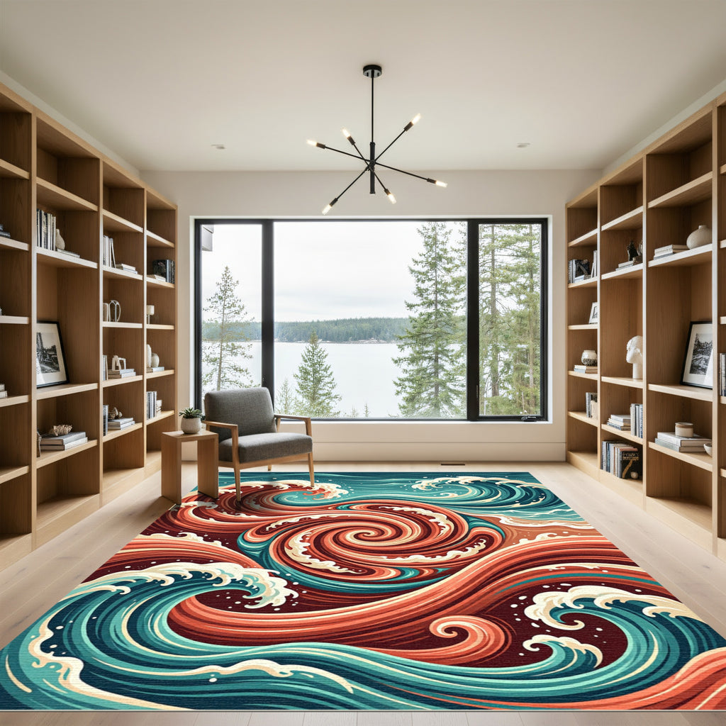 Abstract Crimson Teal Swirling Ocean Flow Rug