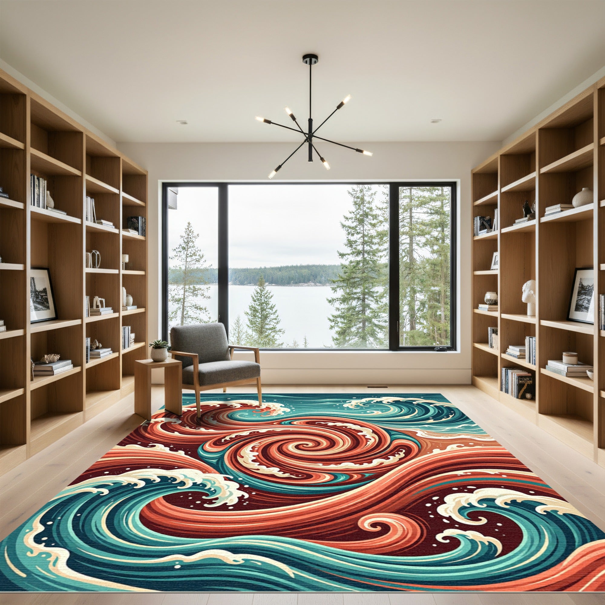 Abstract Crimson Teal Swirling Ocean Flow Rug