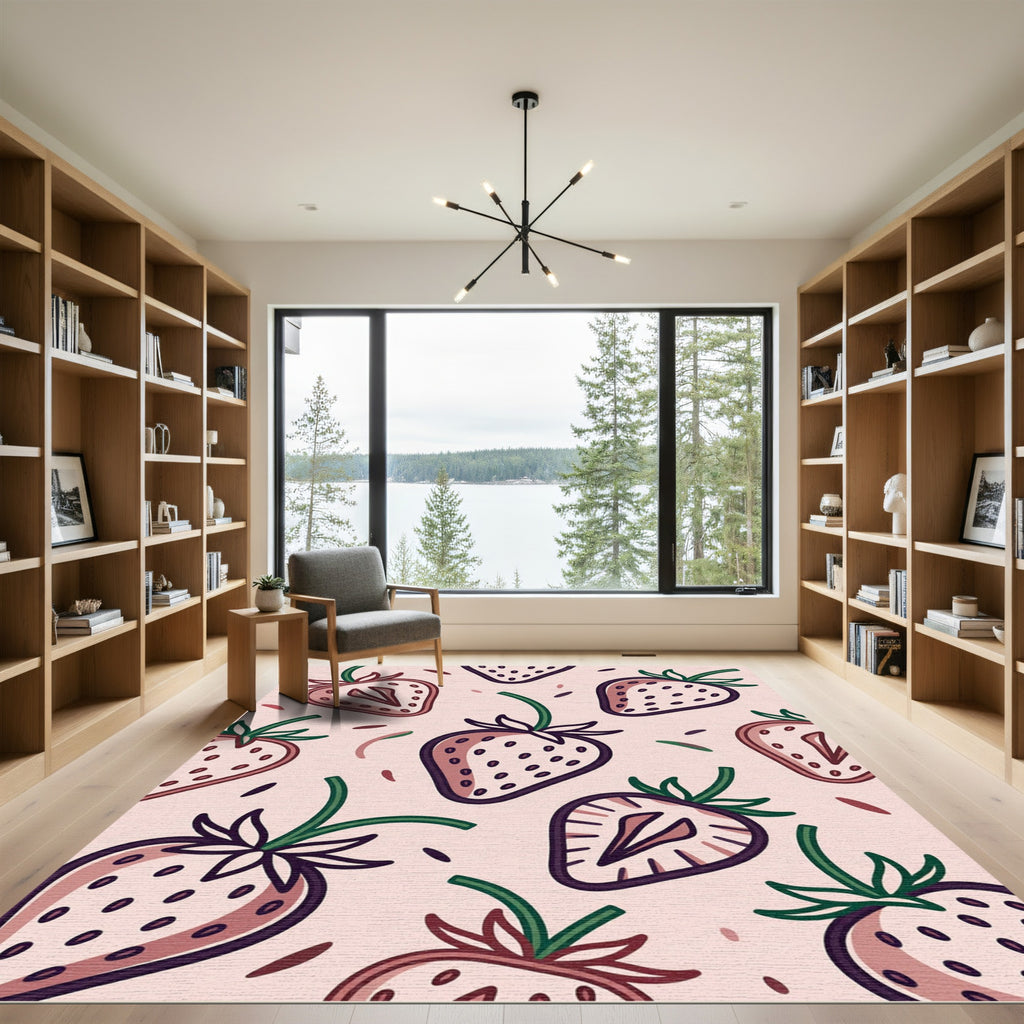 Sweet Strawberry Pattern Pink Background Rug
