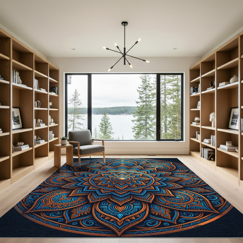 Intricate Golden Blue Lotus Mandala Rug