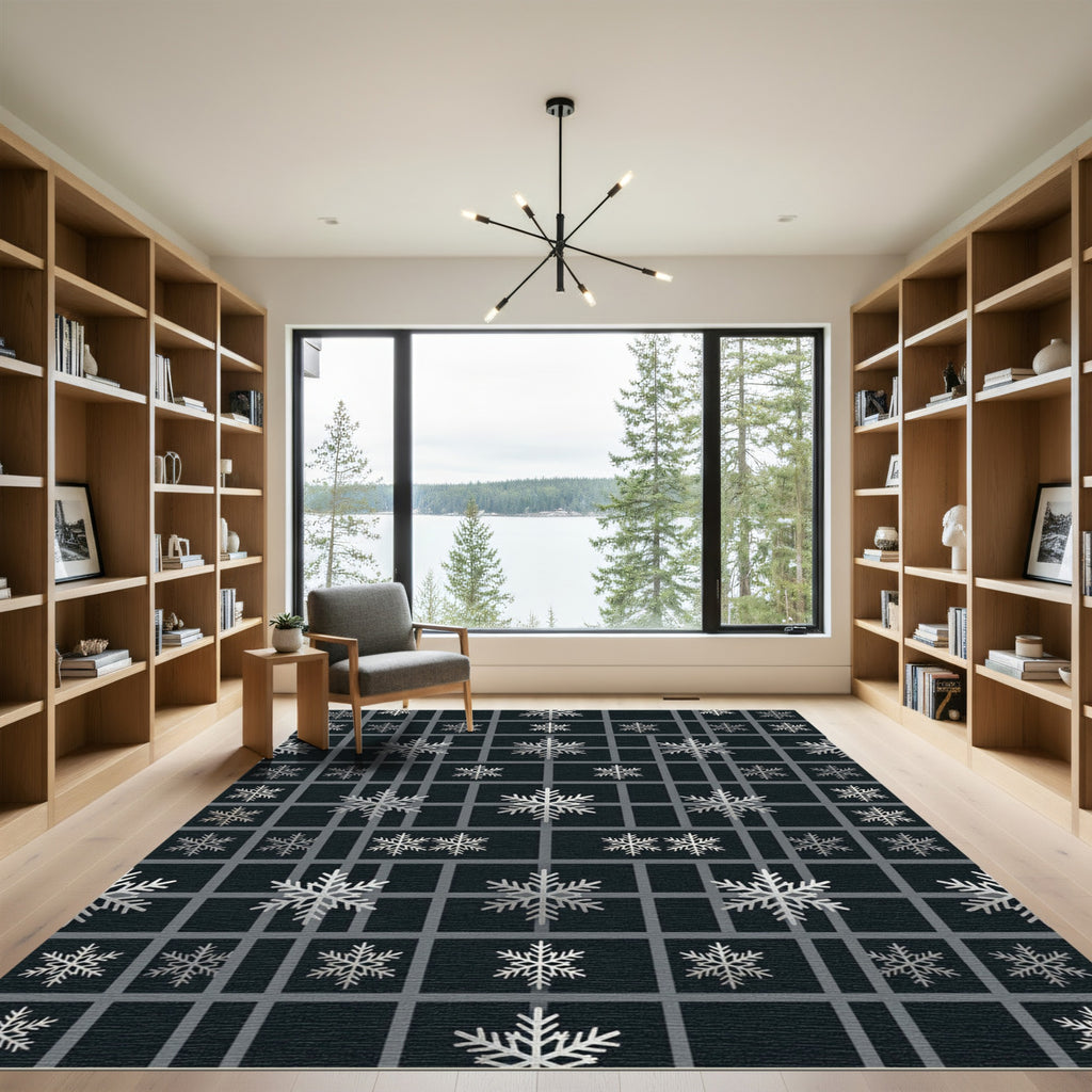 Midnight Charcoal Geometric Silver Snowflake Rug