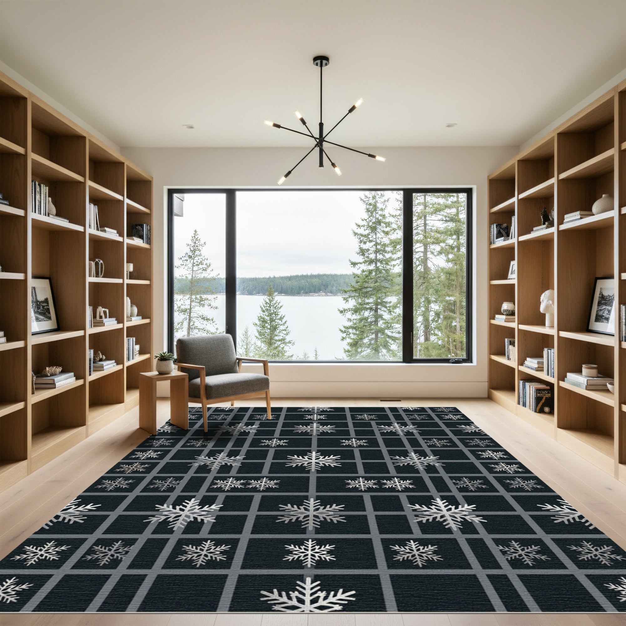 Midnight Charcoal Geometric Silver Snowflake Rug