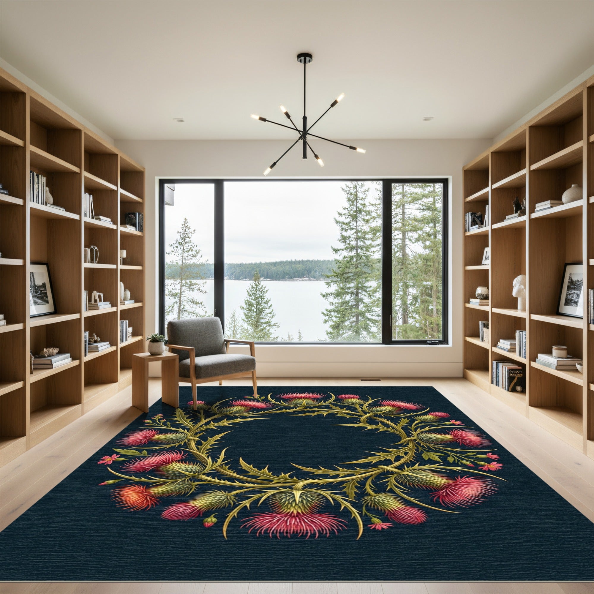 Ornate Pink Thistle Wreath on Navy Rug