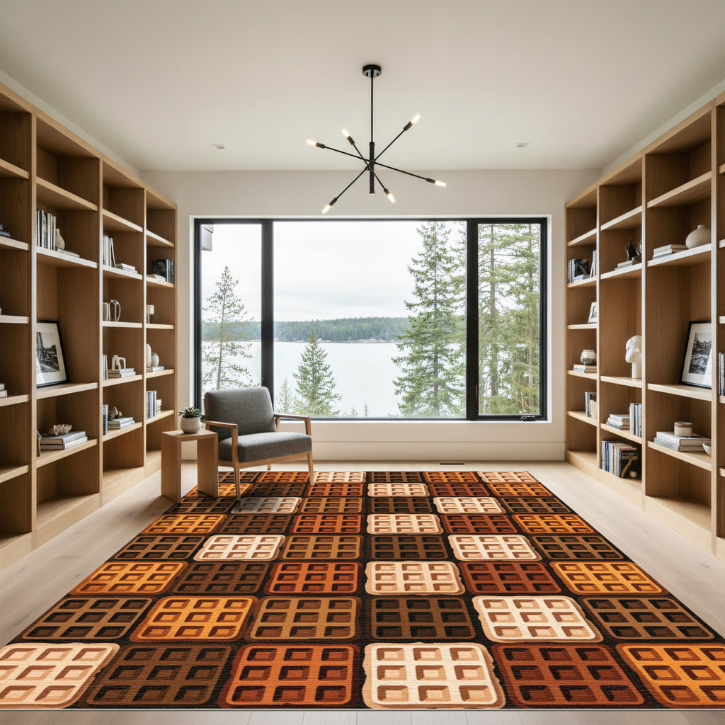 Geometric Waffle Grid Chocolate Color Block Rug