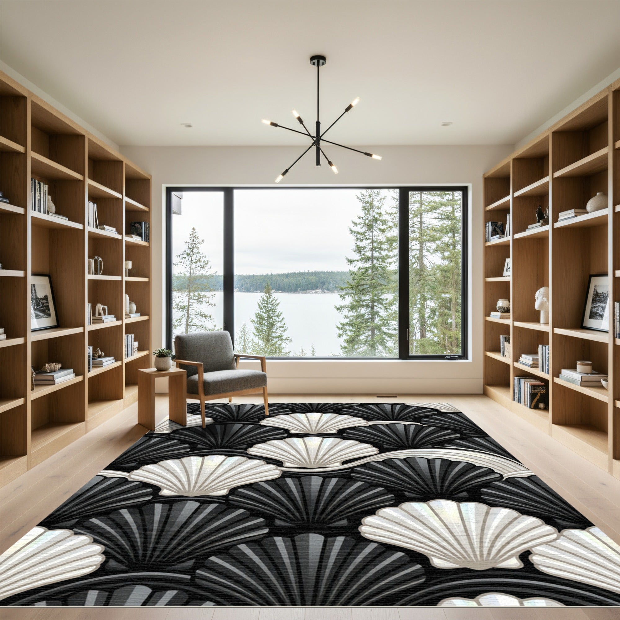 Sophisticated Black and Pearl Scallop Shell Rug