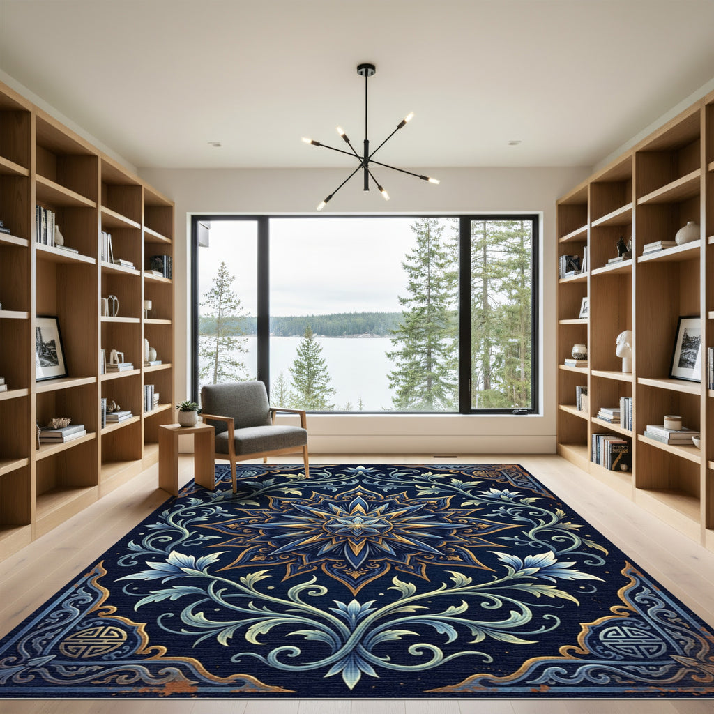 Midnight Blue Gold Celestial Lotus Rug