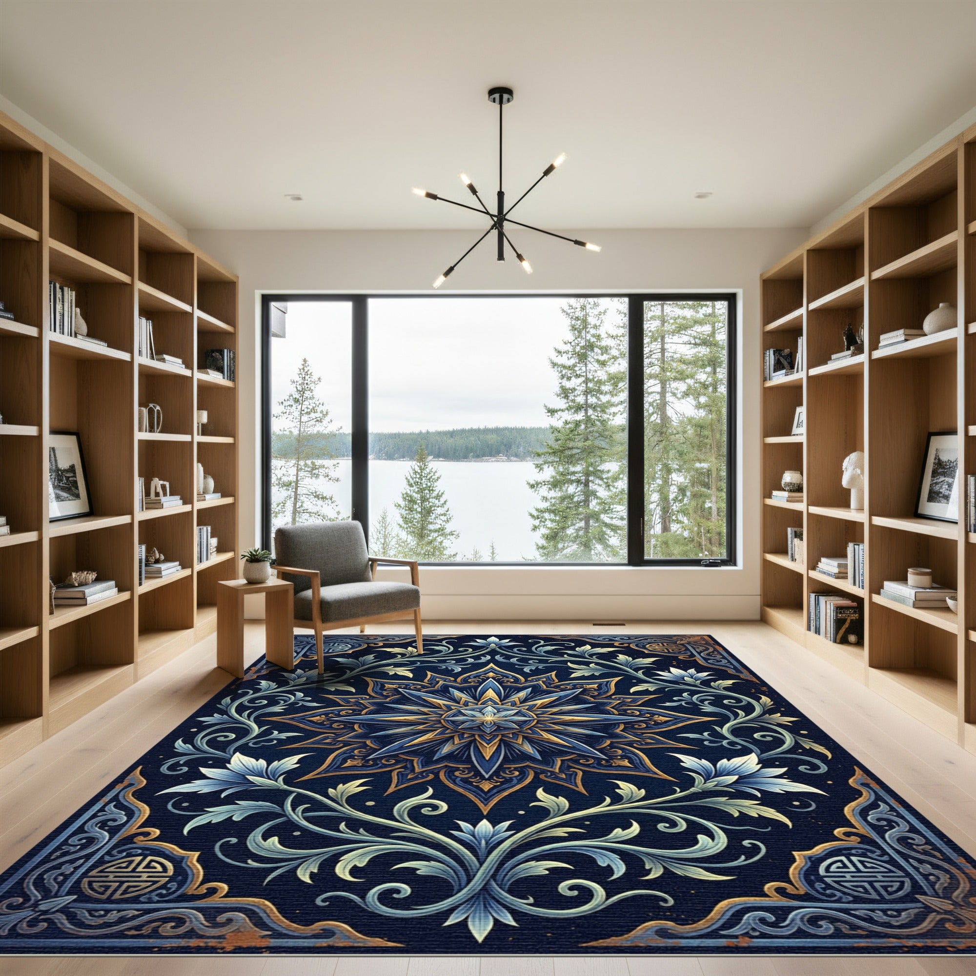 Midnight Blue Gold Celestial Lotus Rug