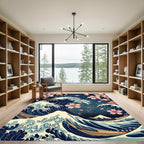 Japanese Wave with Pink Cherry Blossoms Rug