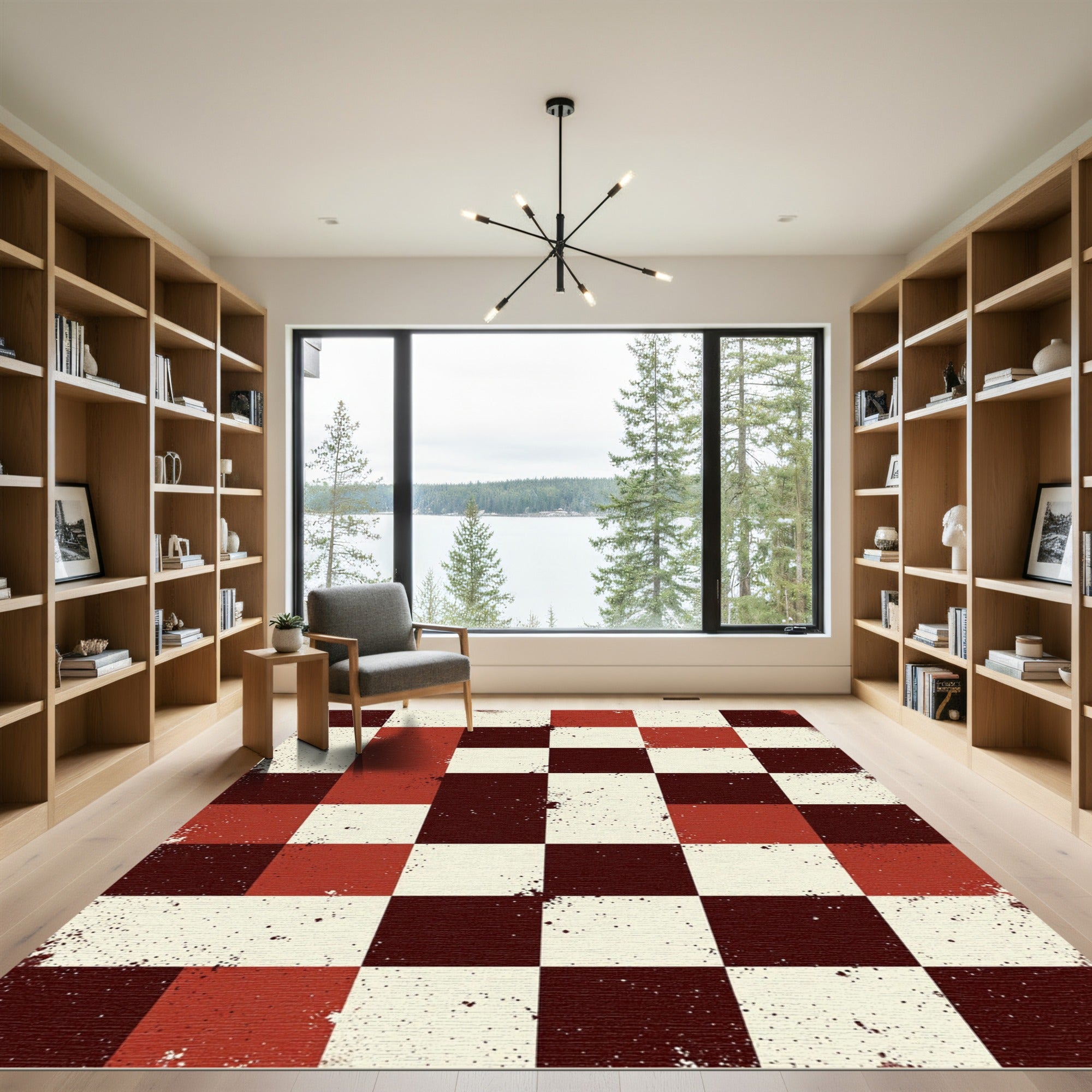 Distressed Crimson and Cream Checkerboard Grid Rug
