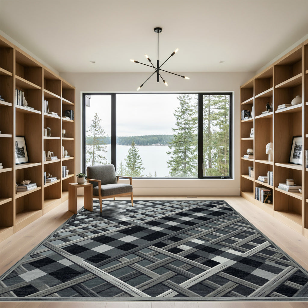 Monochrome Checkered Lattice Geometric Area Rug