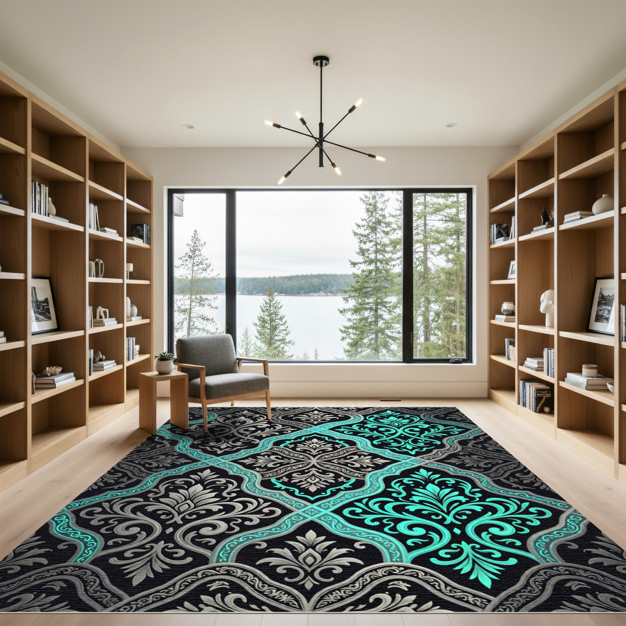 Elegant Teal and Silver Damask Ornate Rug