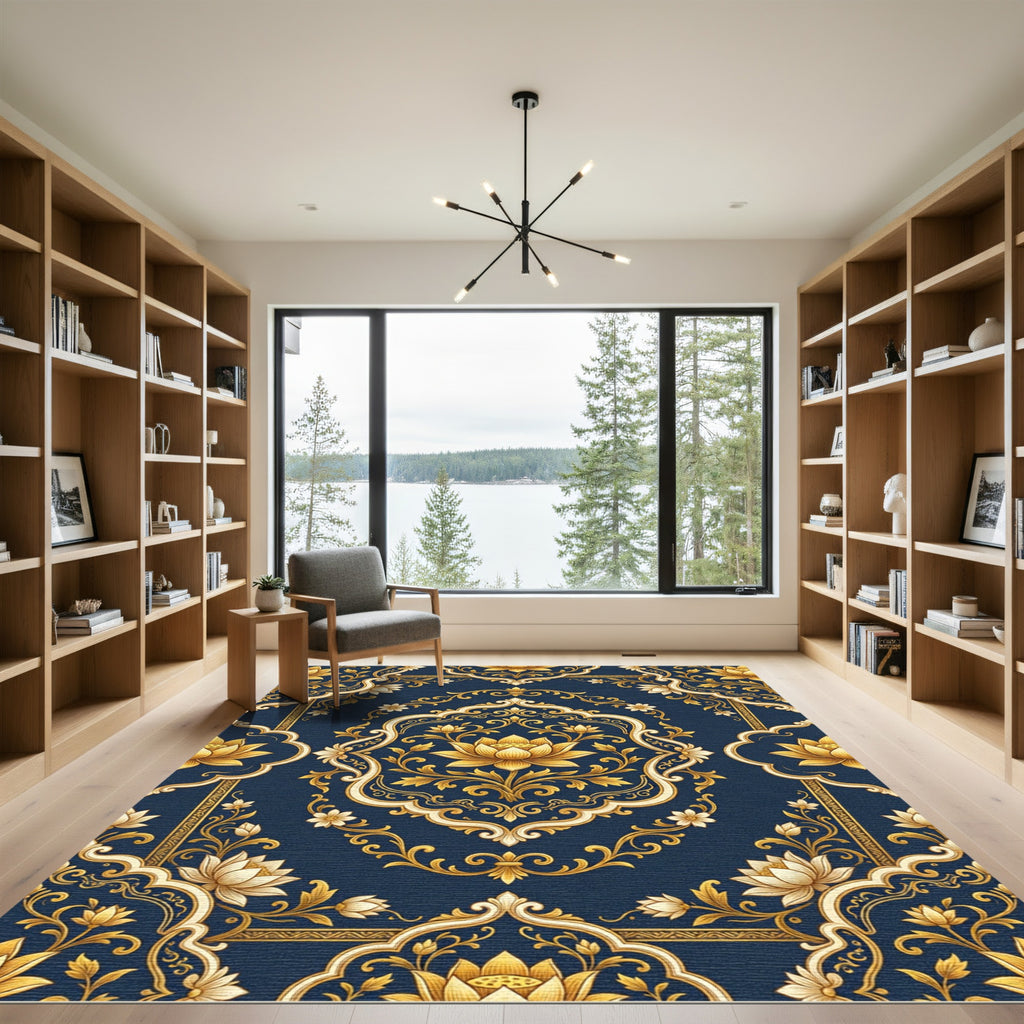 Elegant Navy Gold Lotus Medallion Rug
