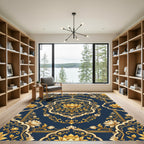 Elegant Navy Gold Lotus Medallion Rug