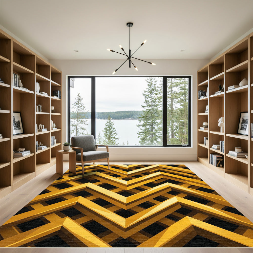 Golden Geometric Chevron Interlocking Abstract Rug