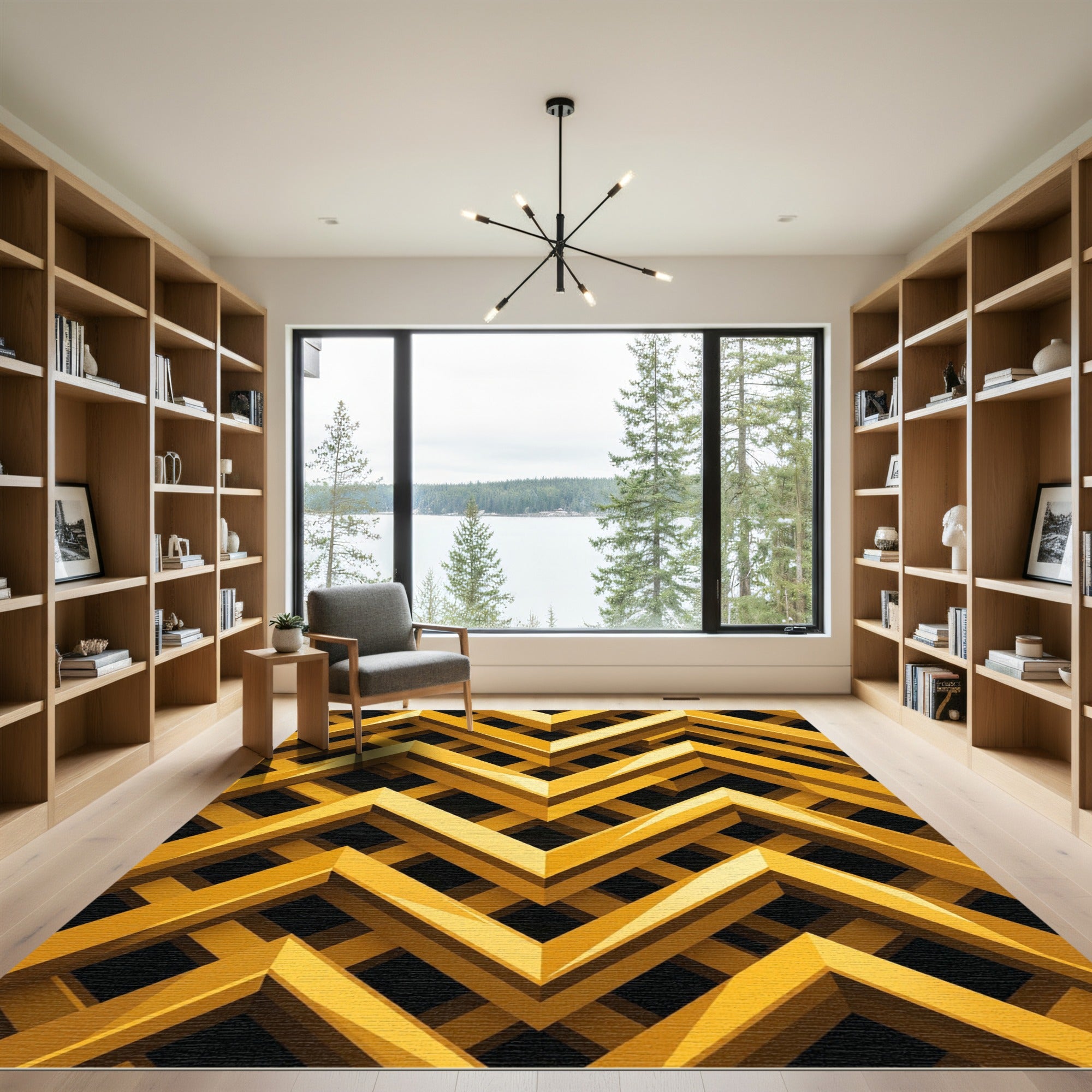 Golden Geometric Chevron Interlocking Abstract Rug