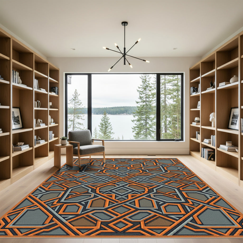 Geometric Amber and Slate Interlocking Weave Rug
