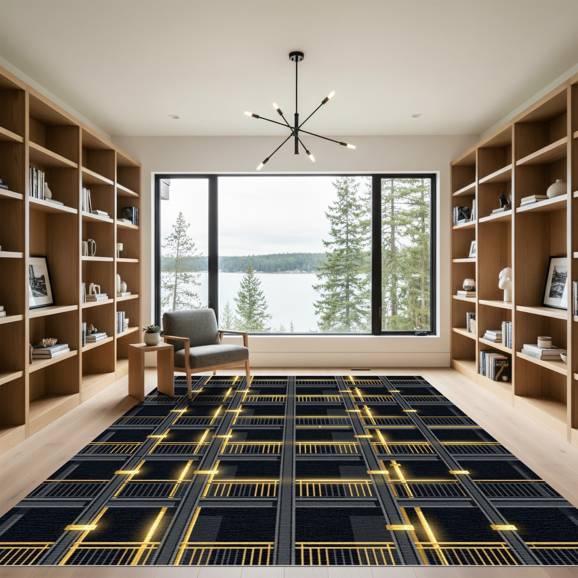 Dark Gray Gold Balcony Grid Rug