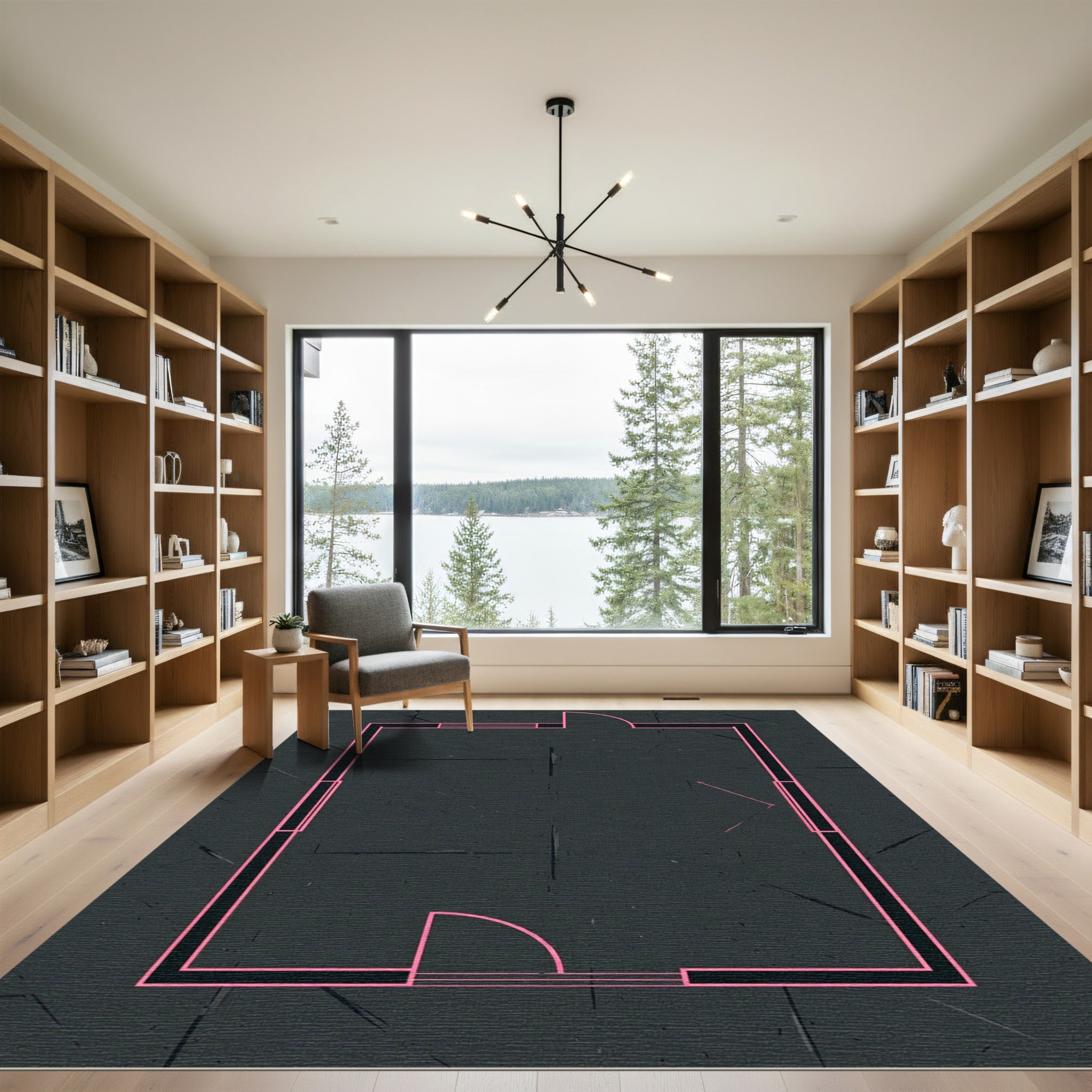 Dark Gray Pink Outline Interior Blueprint Rug